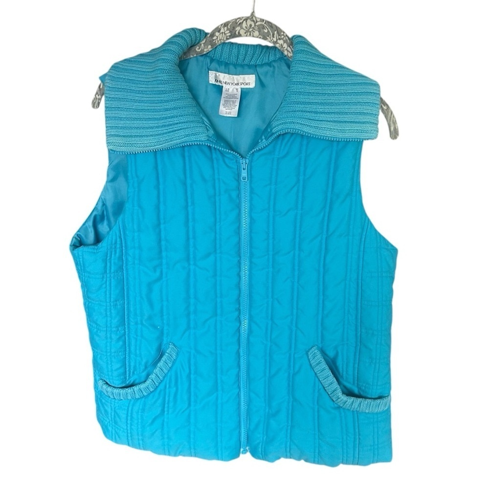 Jones New York Sport Turquise Blue Quilted Puffer Vest Sweater Collar Size M